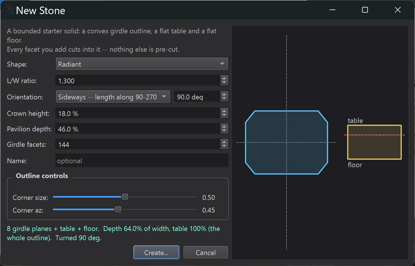 New Stone dialog: radiant shape, L/W ratio, orientation, crown height, pavilion depth and outline controls with a live preview