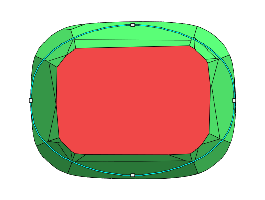A cushion model with an oval target outline laid over it